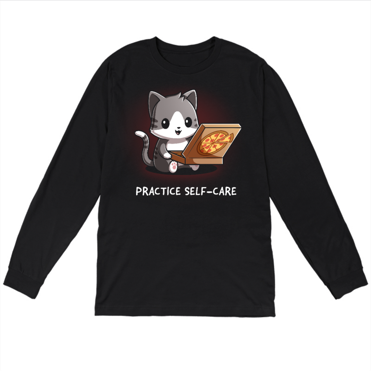 Long Sleeve T-shirt_TeeTurtle black Practice Self-Care Long Sleeve T-shirt featuring a happy gray-and-white cat holding an open pizza box with a pepperoni pizza and the text "Practice Self-Care."