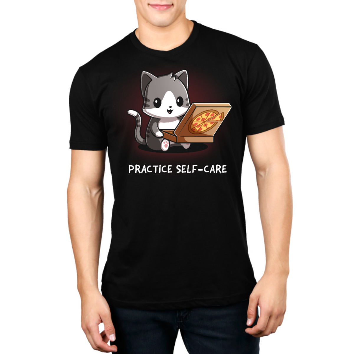 Men's Premium T-Shirt_TeeTurtle black Practice Self-Care Men's Premium T-Shirt featuring a happy gray-and-white cat holding an open pizza box with a pepperoni pizza and the text "Practice Self-Care."