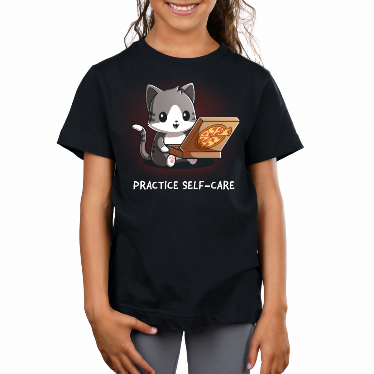 Kids' Classic T-Shirt_TeeTurtle black Practice Self-Care Kids' Classic T-Shirt featuring a happy gray-and-white cat holding an open pizza box with a pepperoni pizza and the text "Practice Self-Care."