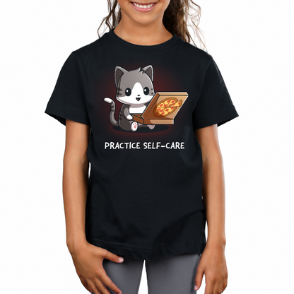 Kids' Classic T-Shirt_TeeTurtle black Practice Self-Care Kids' Classic T-Shirt featuring a happy gray-and-white cat holding an open pizza box with a pepperoni pizza and the text "Practice Self-Care."