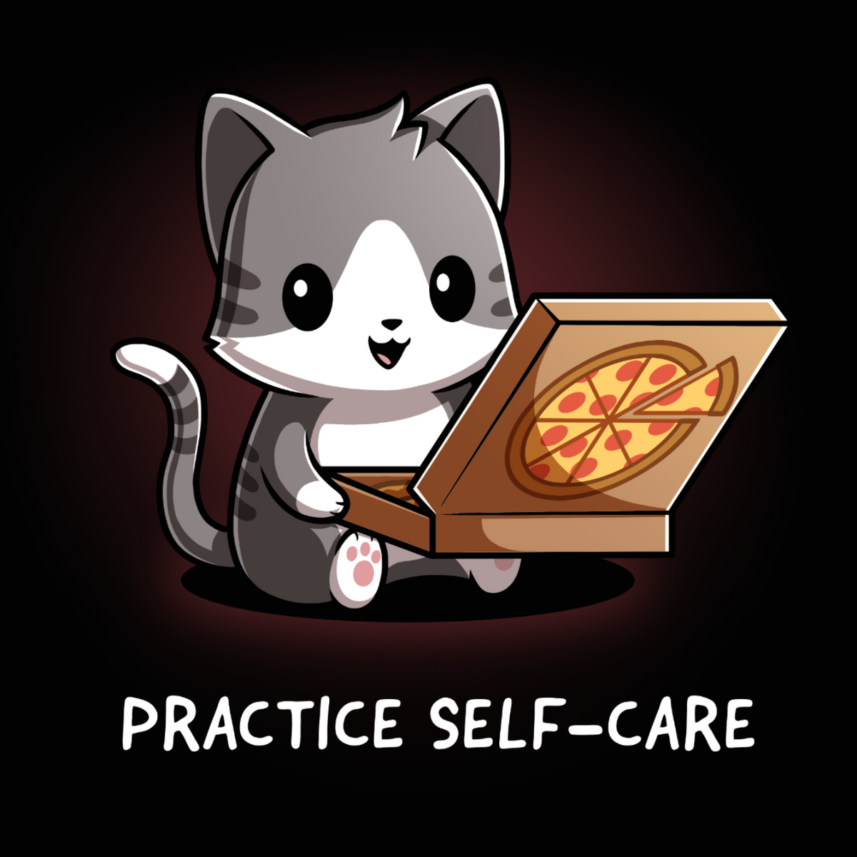 Men's Premium T-Shirt_TeeTurtle black Practice Self-Care Men's Premium T-Shirt featuring a happy gray-and-white cat holding an open pizza box with a pepperoni pizza and the text "Practice Self-Care."