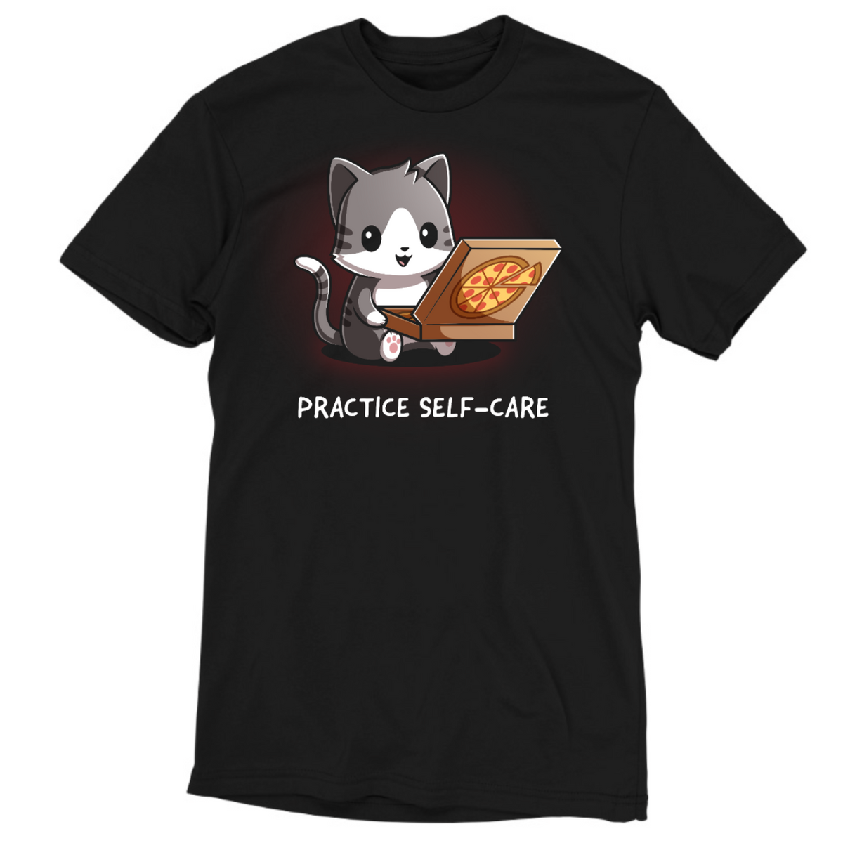 Men's Premium T-Shirt_TeeTurtle black Practice Self-Care Men's Premium T-Shirt featuring a happy gray-and-white cat holding an open pizza box with a pepperoni pizza and the text "Practice Self-Care."