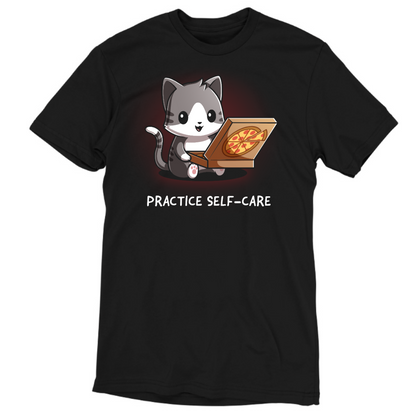 Men's Premium T-Shirt_TeeTurtle black Practice Self-Care Men's Premium T-Shirt featuring a happy gray-and-white cat holding an open pizza box with a pepperoni pizza and the text "Practice Self-Care."