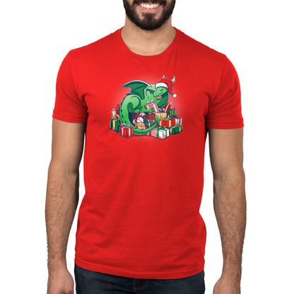 A man in a red t-shirt, dressed as a TeeTurtle Present Hoarder, with a dragon on his shirt.