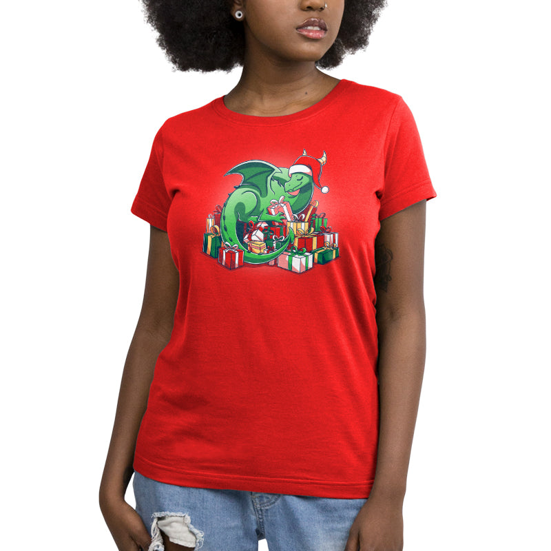 A woman wearing a Present Hoarder red t-shirt from TeeTurtle.