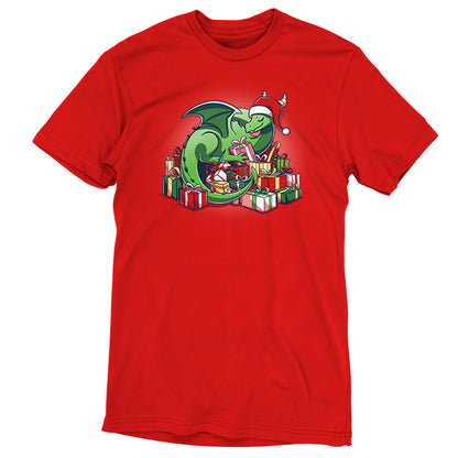 A red t-shirt with an image of a TeeTurtle Present Hoarder dragon.