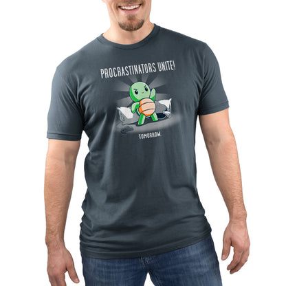 A man wearing a t-shirt from TeeTurtle that says "Procrastinators Unite! (Tomorrow)".