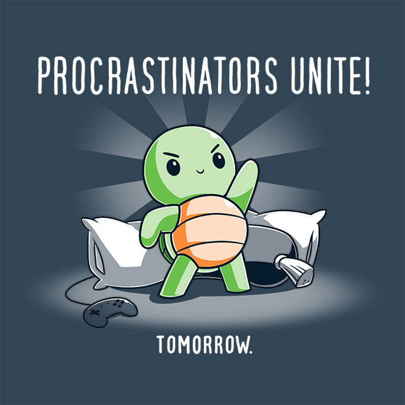 A TeeTurtle Procrastinators Unite! (Tomorrow) turtle in a denim blue t-shirt.