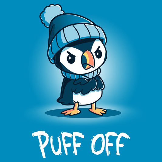 A cartoon penguin wearing a cobalt blue winter hat with the words 