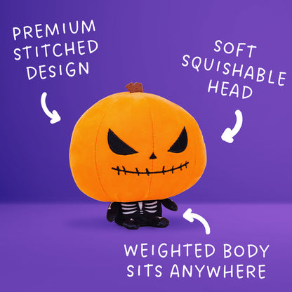 Cloudheads: 5" Pumpkin (Punkin) - A pumpkin headed skeleton plushie with a bright orange head, black stitched eyes and mouth, a small brown stem, and a black-and-white skeleton body. There is a purple background and the text "premium stitched design" "soft squishable head" and "weighted body sits anywhere." 