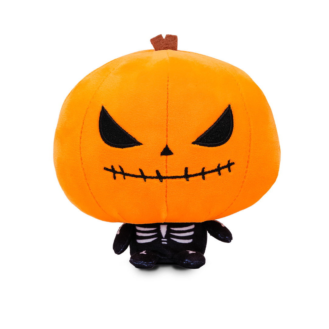 Cloudheads: 5" Halloween Bundle - Punkin. A plush pumpkin headed toy with a large orange head, black stitched jack-o'-lantern face, and a small black-and-white skeleton body, shown on a plain white background.