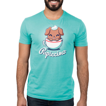 A man wearing a Caribbean blue t-shirt with a TeeTurtle Pupiccino in a cup.