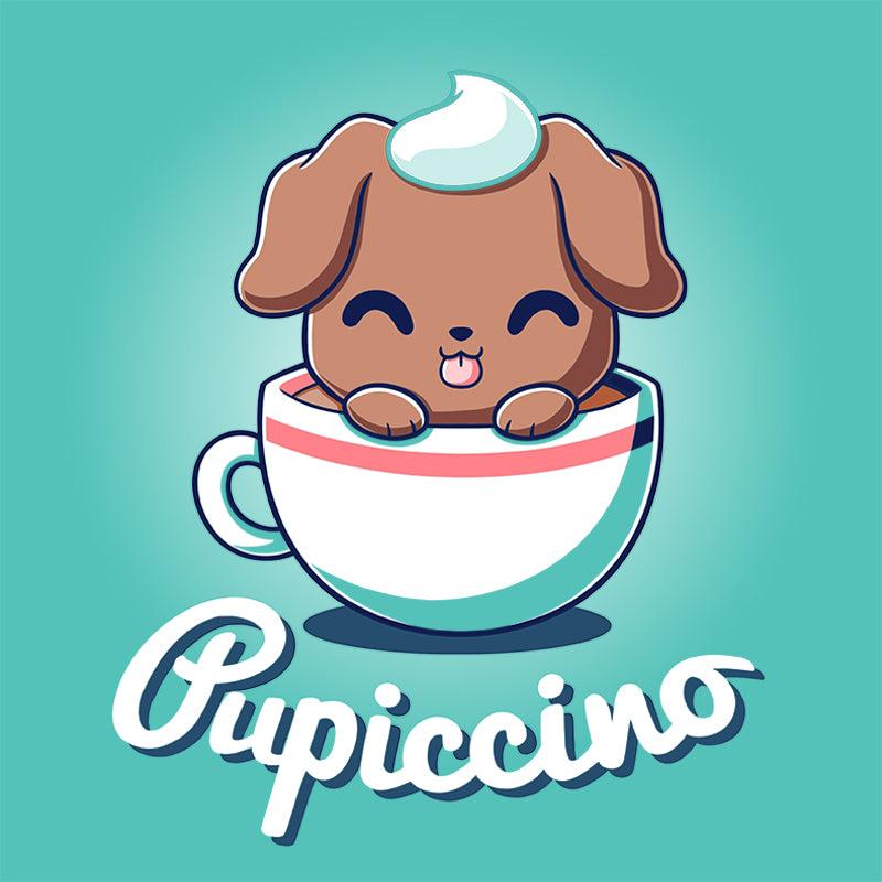 A Pupiccino cartoon dog sitting in a cup of coffee wearing a Caribbean blue TeeTurtle T-shirt.