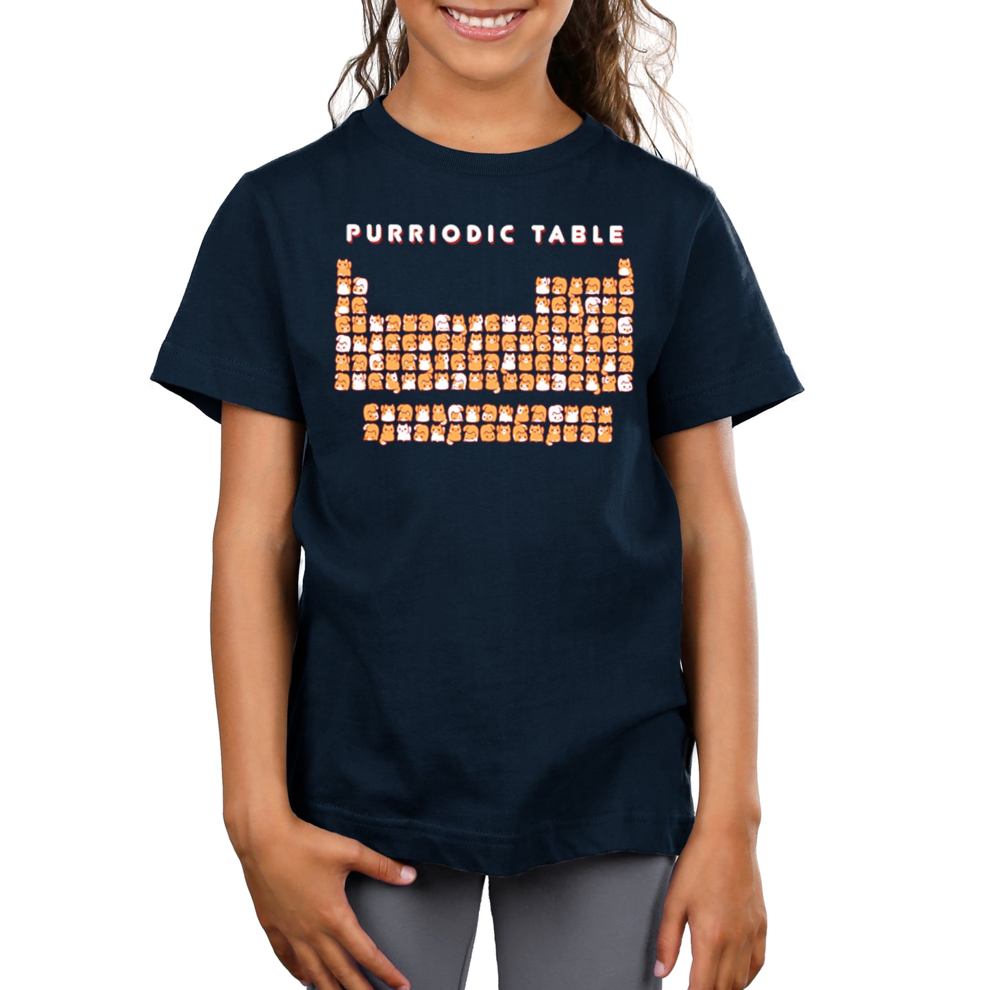 A girl wearing a Purriodic Table t-shirt by TeeTurtle, appealing to chemistry lovers.