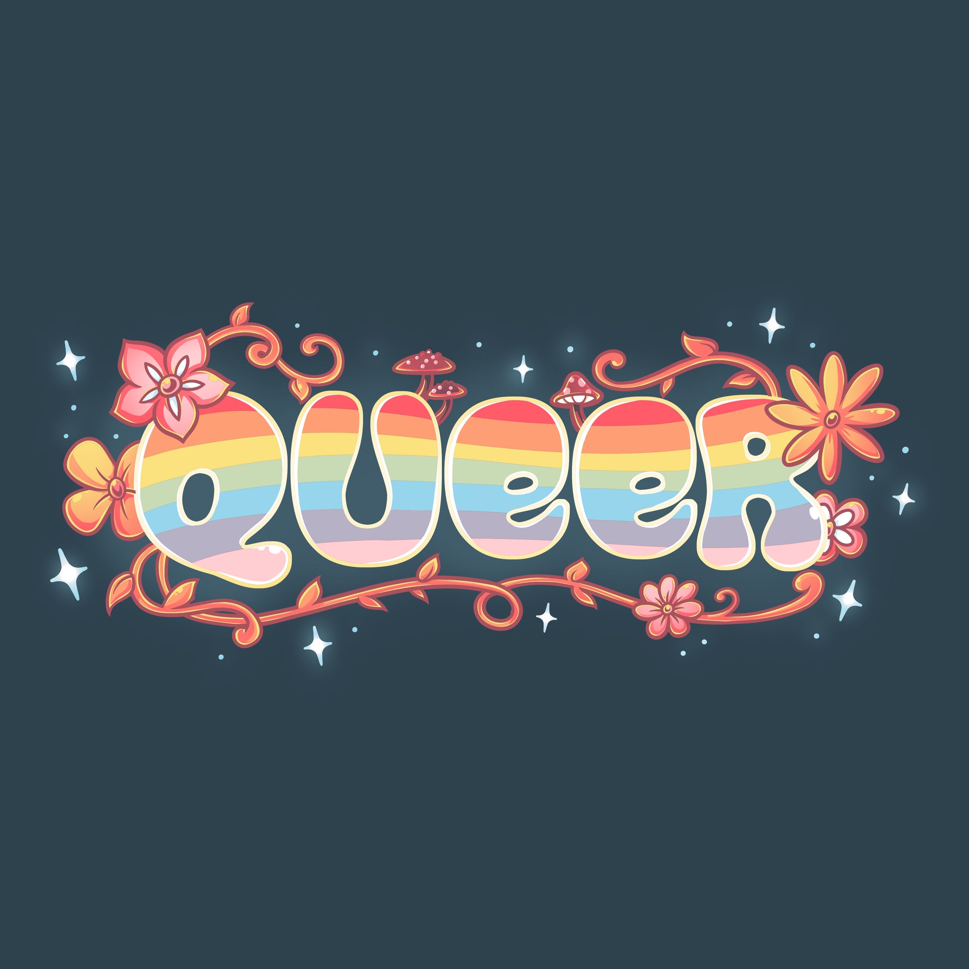 Denim blue Queer t-shirt featuring the word "queer" in colorful lettering on a dark background - by TeeTurtle.