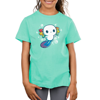 A girl wearing a TeeTurtle Rainbow Axolotl green t-shirt.