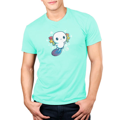 A man wearing a green t-shirt with a white owl on it, featuring the TeeTurtle Rainbow Axolotl design.