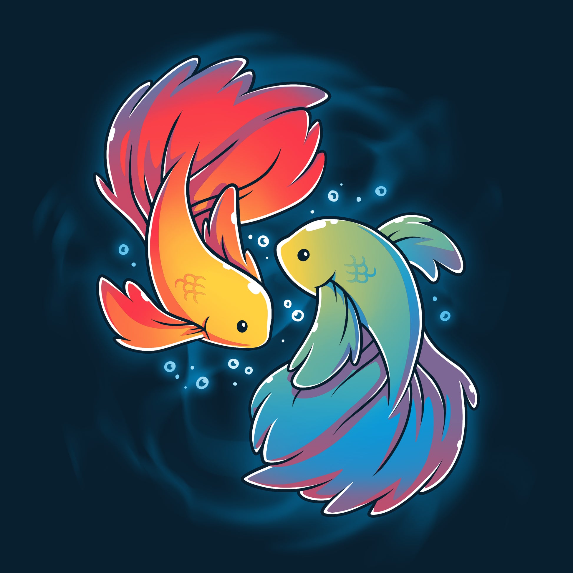 Two Rainbow Betta fish swimming together in vibrant colors on a dark background. Brand: TeeTurtle.