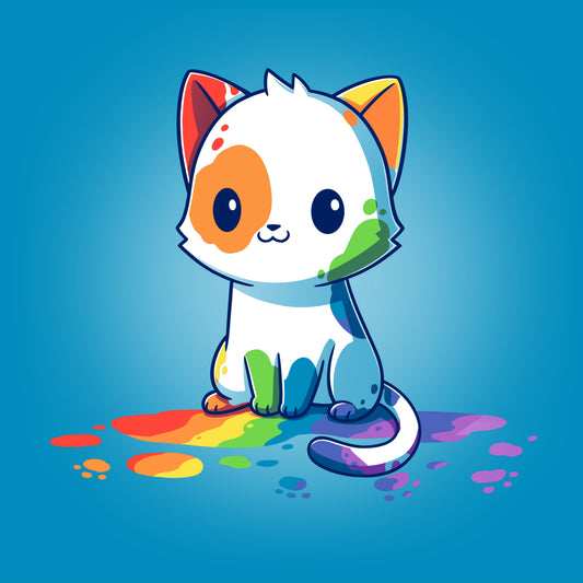 A TeeTurtle Rainbow Cat sitting on a Cobalt Blue background with colorful paint splatters.