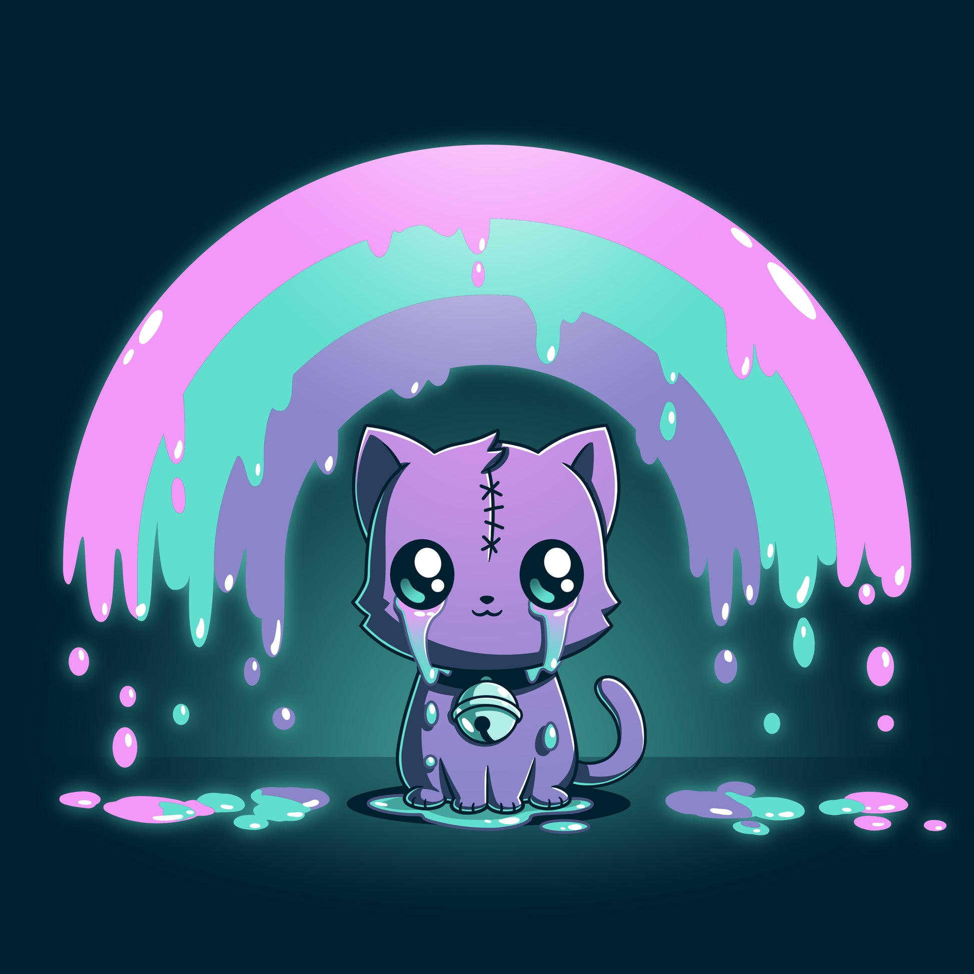 A kawaii purple Rainbow Crying Cat sitting in front of a rainbow on a TeeTurtle T-shirt.