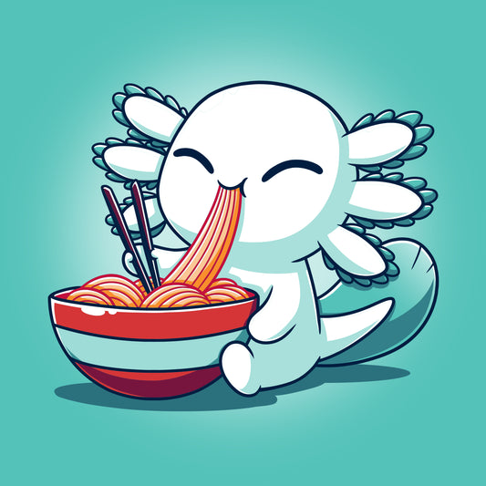 A cartoon dragon eating noodles with chopsticks on a super soft Caribbean blue Ramen Axolotl t-shirt by TeeTurtle.