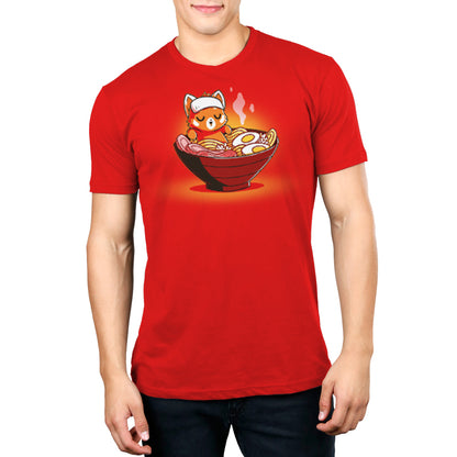 A man wearing a Ramen Red Panda tee with a cat in a bowl.