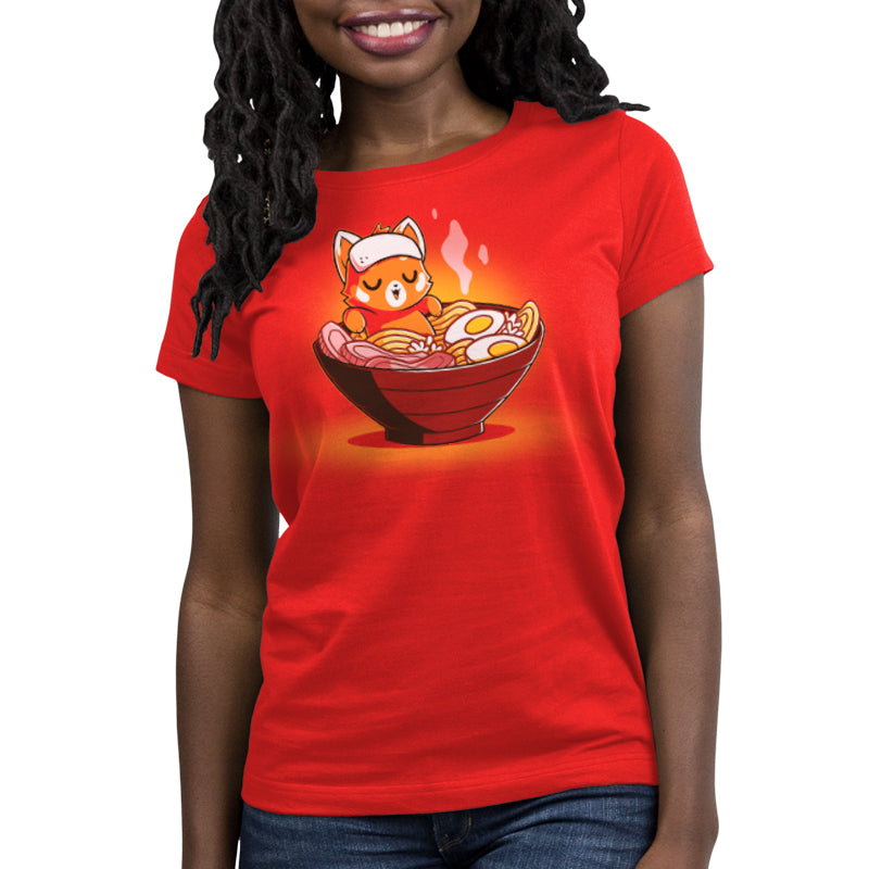 A women's Ramen Red Panda t-shirt featuring a fox in a bowl of ramen from TeeTurtle.