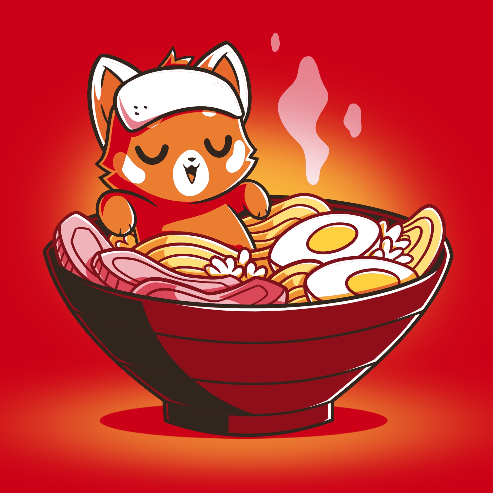 Premium Cotton T-shirt - Illustration of a Ramen Red Panda relaxing in a large bowl of ramen, wearing a sleep mask. The bowl contains noodles, eggs, and meat slices, set against a red background. This adorable design is perfect for monsterdigital's super soft ringspun cotton tees.