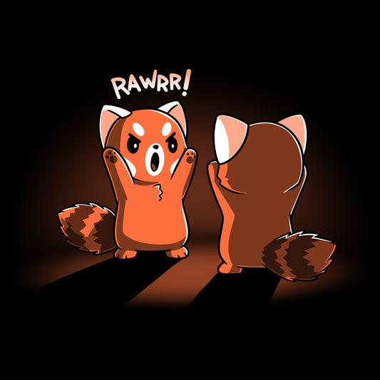 Two raccoons with their mouths open in the dark on a Rawrr! T-shirt from TeeTurtle.