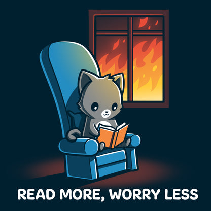 A cat sitting in a chair wearing a TeeTurtle t-shirt that says "Read More, Worry Less".