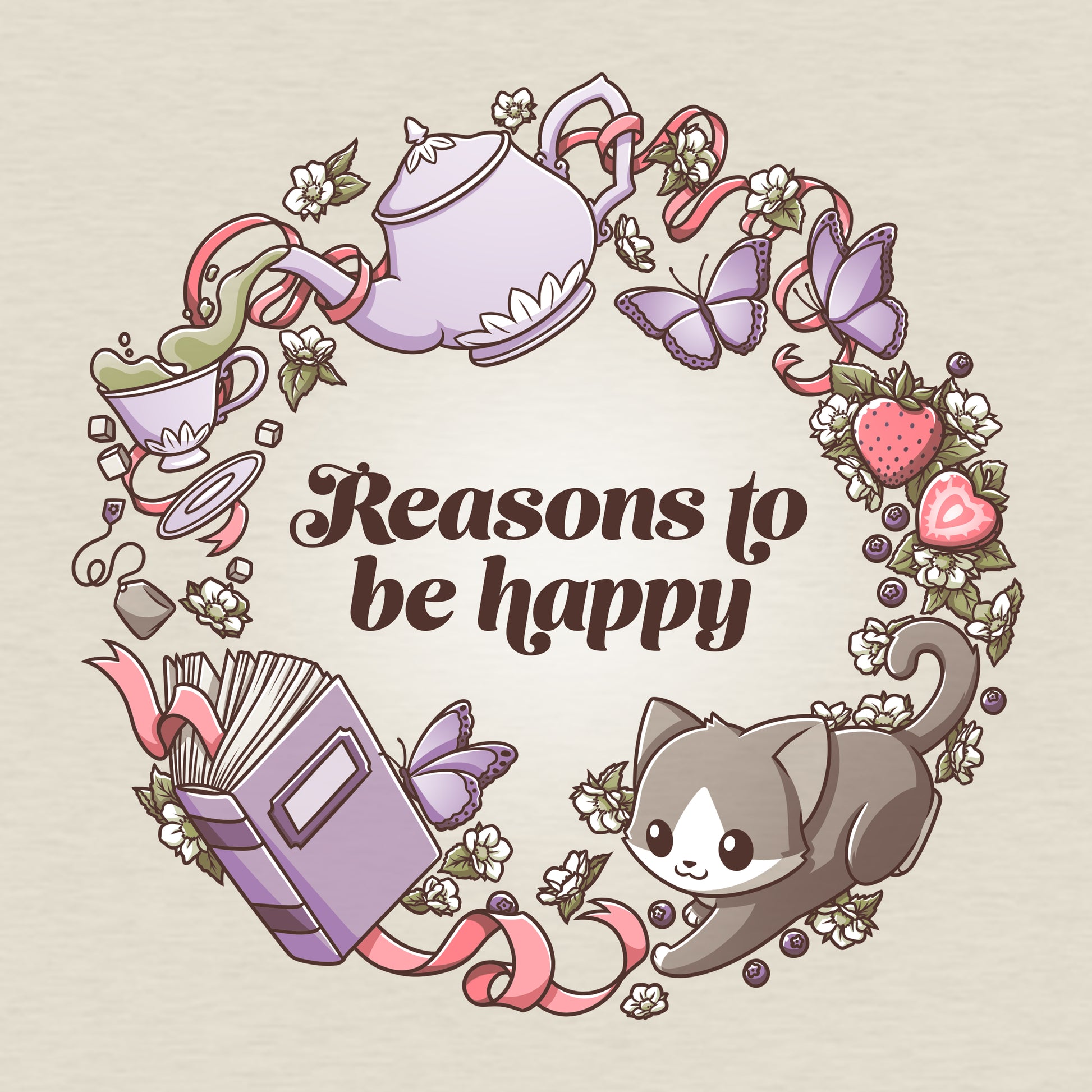 Reasons to be happy while wearing a comfy TeeTurtle T-shirt in a cottagecore setting.