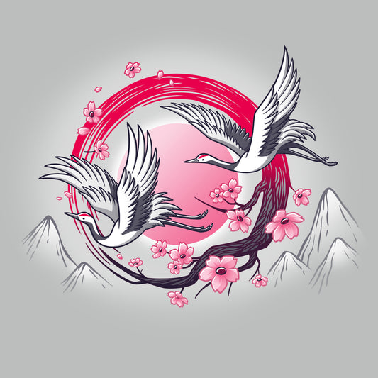 Two Red-Crowned Cranes, symbols of longevity, flying in a circle with flowers and mountains on a TeeTurtle 100% super soft ringspun cotton t-shirt.