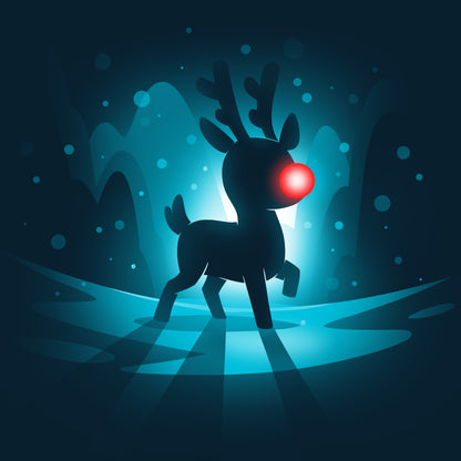 Red-Nosed Reindeer, by TeeTurtle, Rudolph in a navy blue t-shirt playing in the snow.
