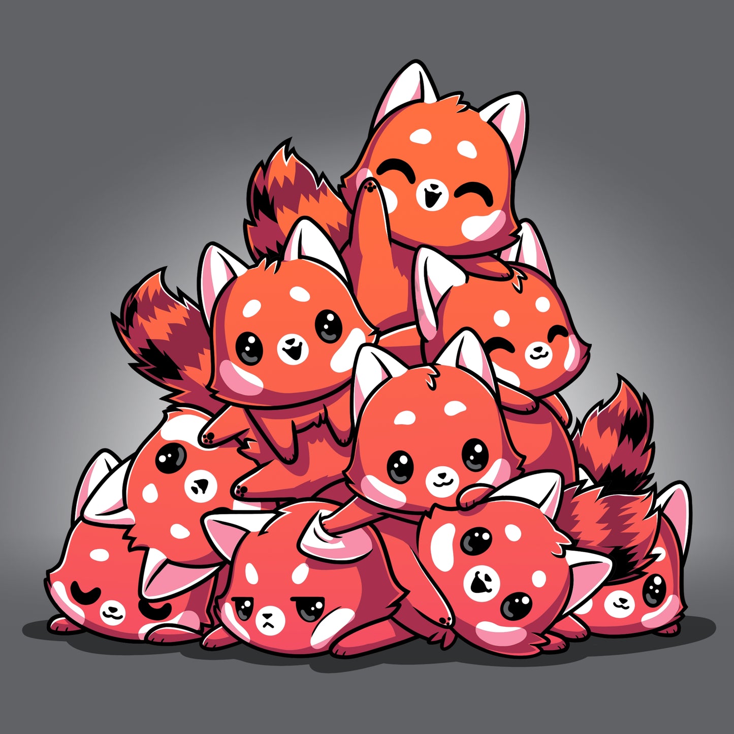 A Red Panda Pile of kawaii foxes on a charcoal gray background by TeeTurtle.