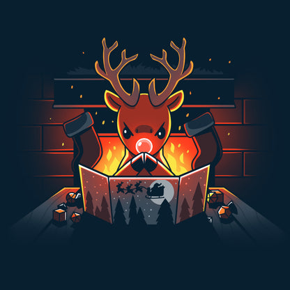 A Reindeer Game Master by TeeTurtle reading a book in front of a fireplace, undisturbed by blizzards outside.