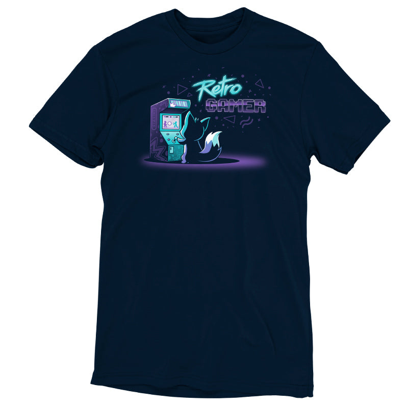 A TeeTurtle Retro Gamer t-shirt featuring an image of a man in a blue t-shirt.