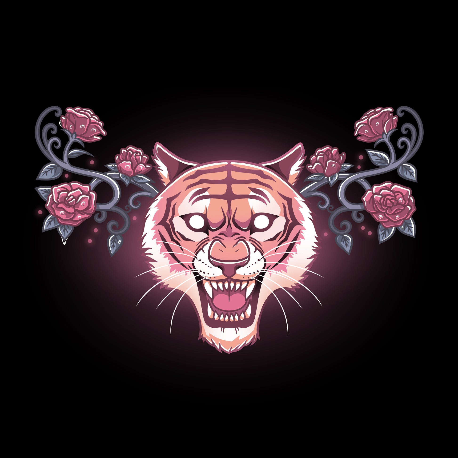 A Roar and Roses t-shirt design featuring a roaring tiger surrounded by roses. (Brand: TeeTurtle)