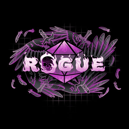 An illustration features the word "Rogue" with a skull inside an icosahedron. Surrounding elements include feathers, daggers, and birds, all in a purple and black color scheme. This design adorns the Super Soft Ringspun Cotton Unisex Tee from monsterdigital, perfect for fans of the Rogue Class t-shirt.