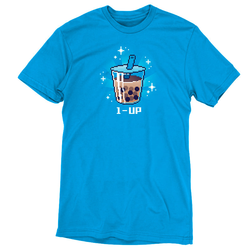 A blue 1-Up Boba T-shirt with a bubble tea cup on it from TeeTurtle.
