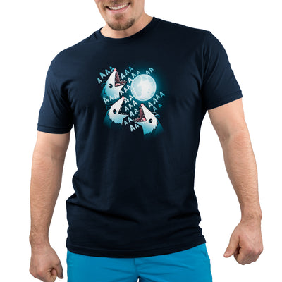 Premium Cotton T-shirt_TeeTurtle 3 Opossum Moon navy blue t-shirt featuring three opossums screaming at a glowing full moon with "AAA" repeated around their open mouths in this nature scene. 