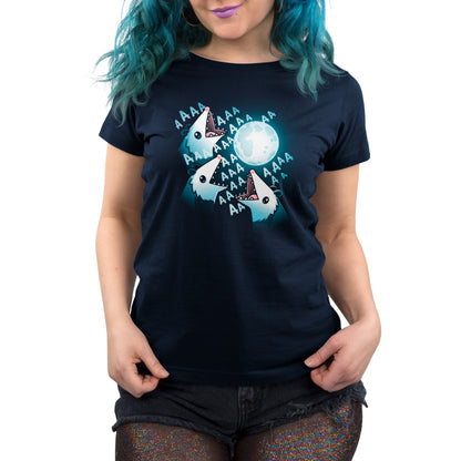 A woman wearing a 3 Opossum Moon t-shirt by TeeTurtle with sharks on it.