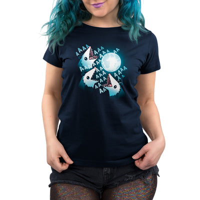 Premium Cotton T-shirt_TeeTurtle 3 Opossum Moon navy blue t-shirt featuring three opossums screaming at a glowing full moon with "AAA" repeated around their open mouths in this nature scene. 