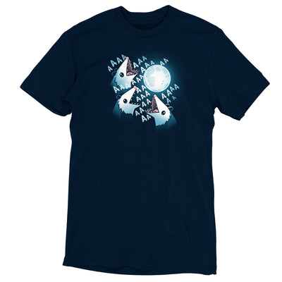 Premium Cotton T-shirt_TeeTurtle 3 Opossum Moon navy blue t-shirt featuring three opossums screaming at a glowing full moon with "AAA" repeated around their open mouths in this nature scene. 