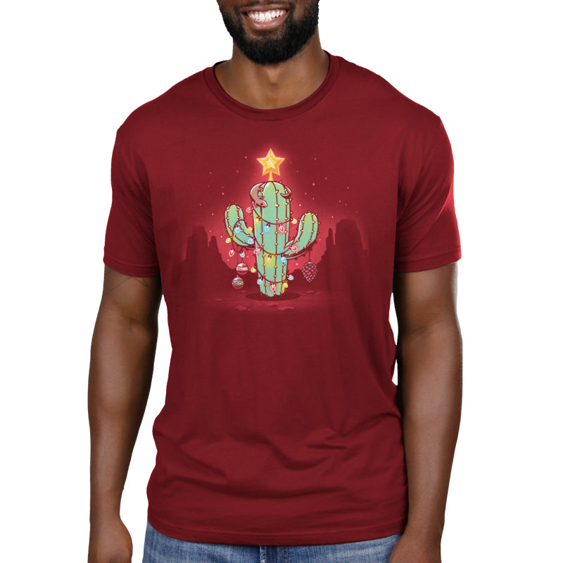A man wearing a red TeeTurtle Desert Christmas T-shirt with a cactus and a star, perfect for the hot-lidays.