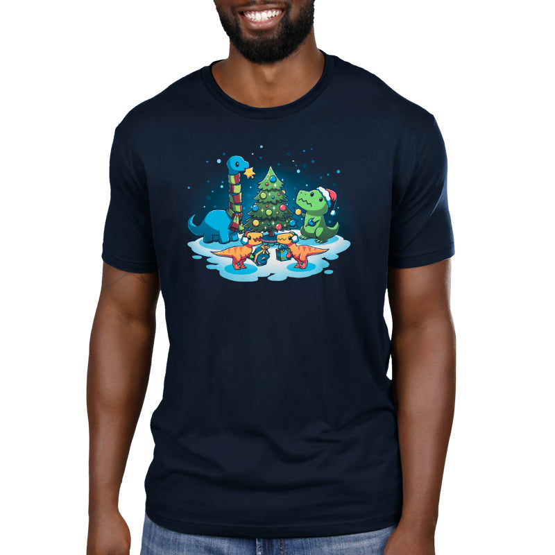 A men's navy t-shirt featuring A Very Dino Christmas and playful dinosaurs. Perfect as a unique gift for any dinosaur enthusiast or raptor lover. Brand: TeeTurtle