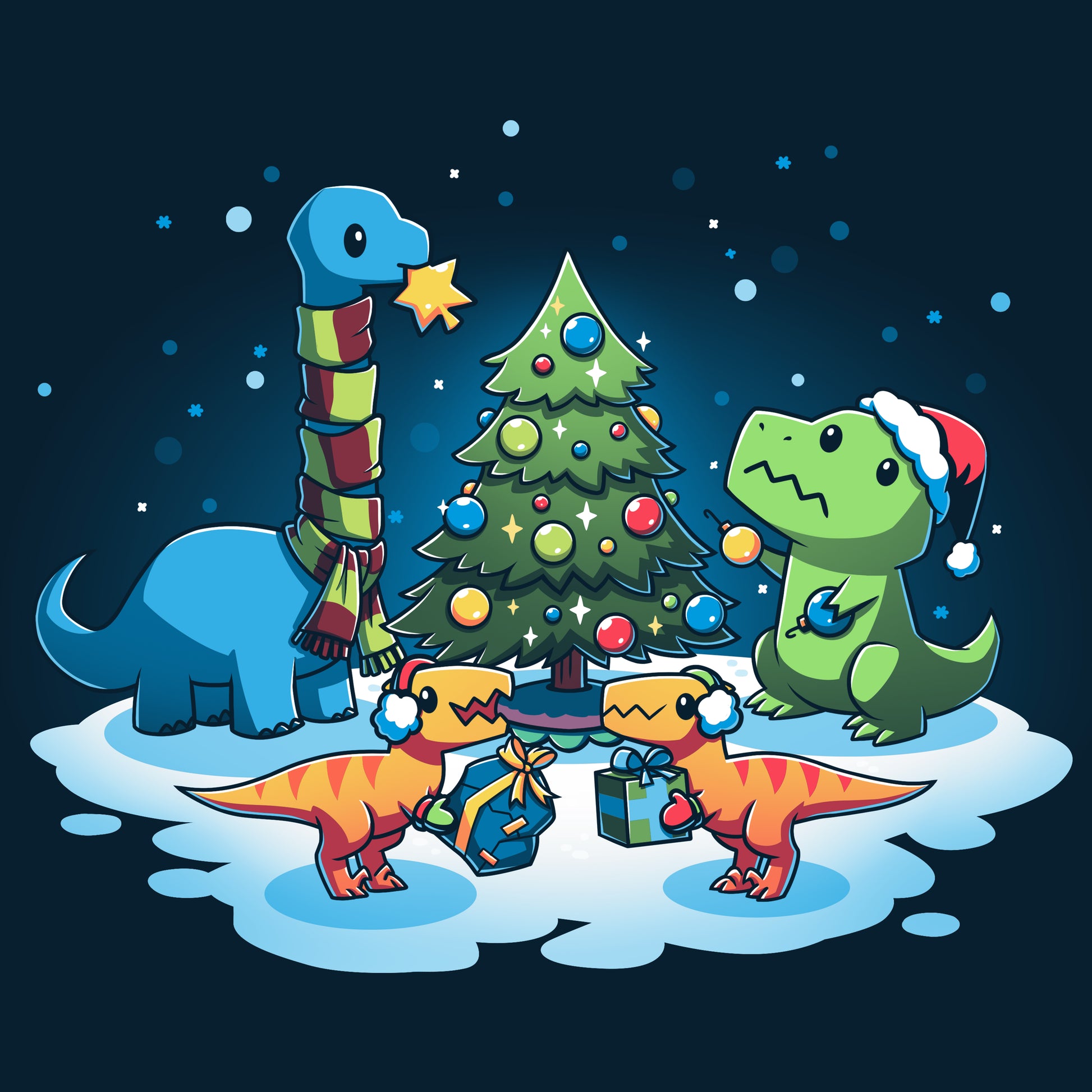 A group of raptors gather around a TeeTurtle Christmas tree, with one holding a A Very Dino Christmas gift.