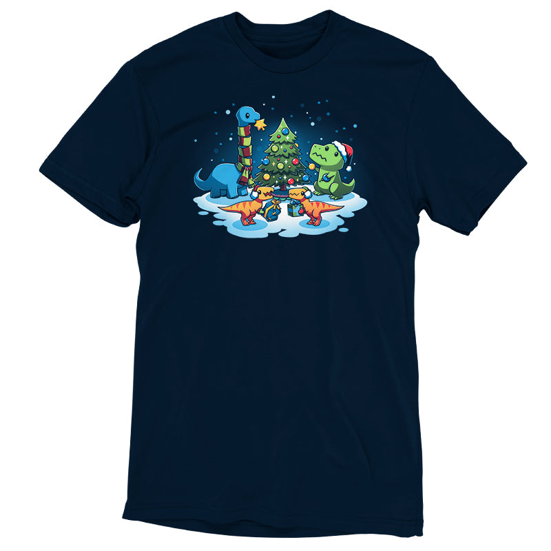 A festive navy t-shirt featuring "A Very Dino Christmas" and playful dinosaurs, making it the perfect gift for any raptor enthusiast, from TeeTurtle.