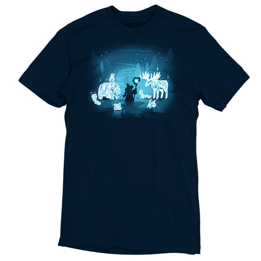A navy blue men's t-shirt featuring Mystical Ice Sculptures of a man and a woman, perfect for the winter wonderland vibe. Brand: TeeTurtle