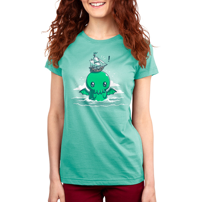 An All Aboard Cthulhu women's t-shirt by TeeTurtle featuring an octopus in the water.