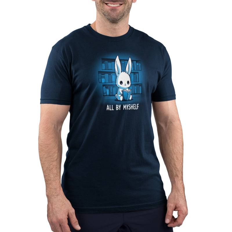 A man wearing an All By MyShelf-themed TeeTurtle T-shirt.